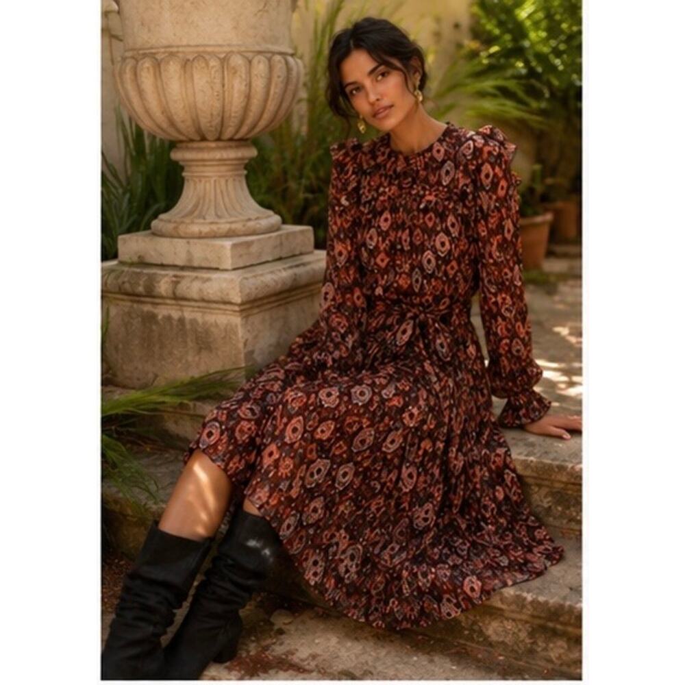 Ulla Johnson Zehra Ikat Print Belted silk Ruffle Midi Dress 00